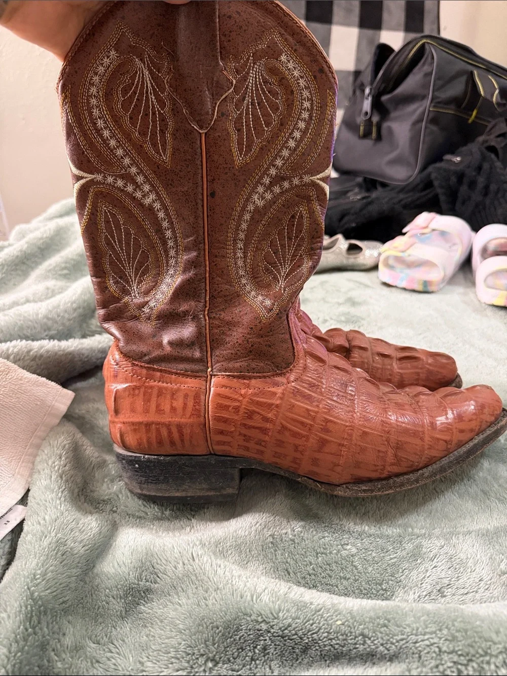 Brown Crocodile-Print Western Boots - Men